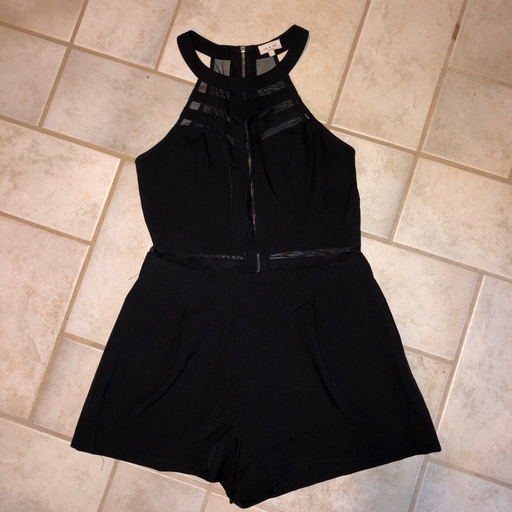 Black Romper with Mesh Stripes
